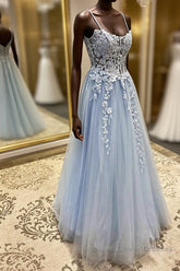 Spaghetti Straps Light Blue Lace Semi Formal Prom Dresses, Light Blue Lace Formal Evening Dresses